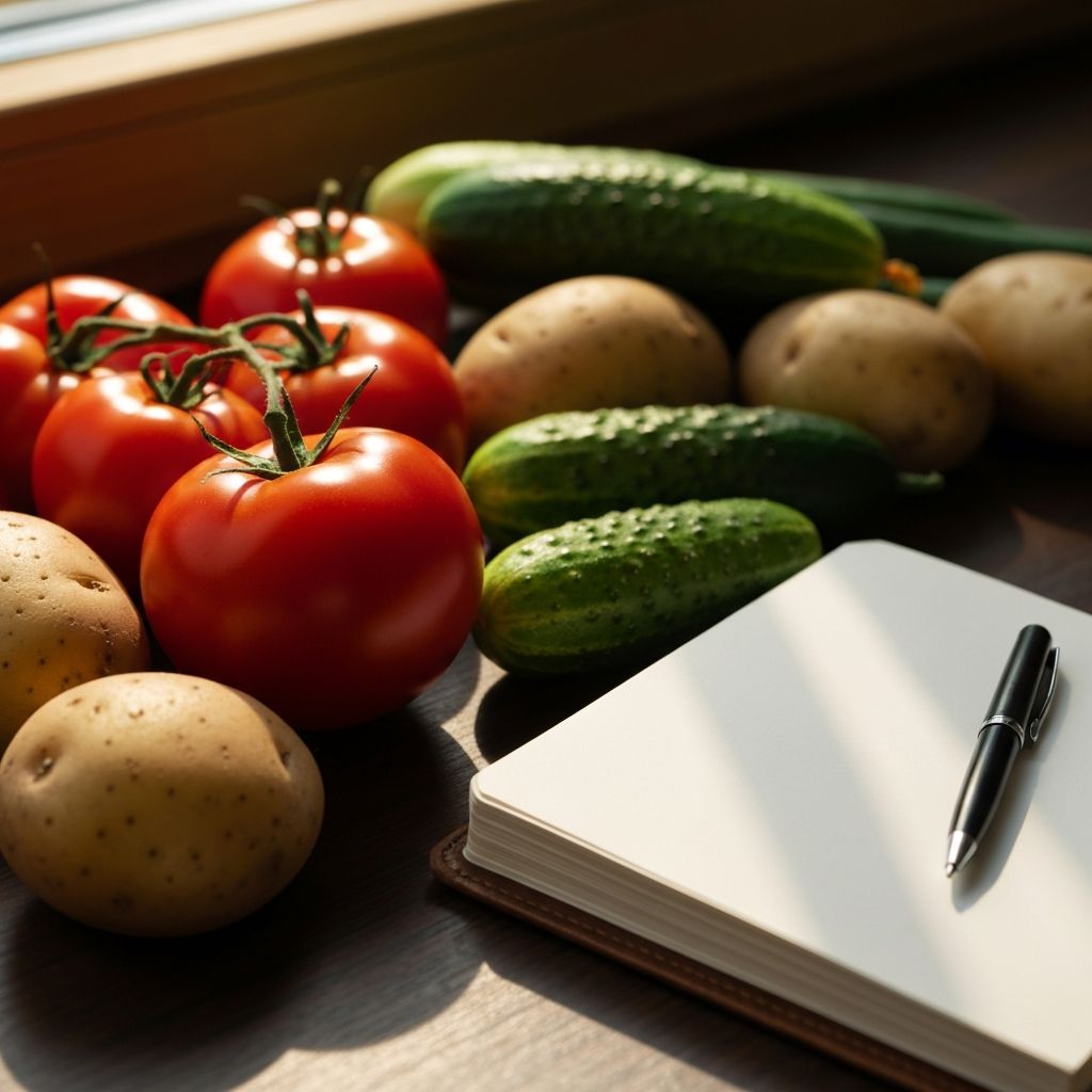 Notebook and fresh vegetables for nutrition research