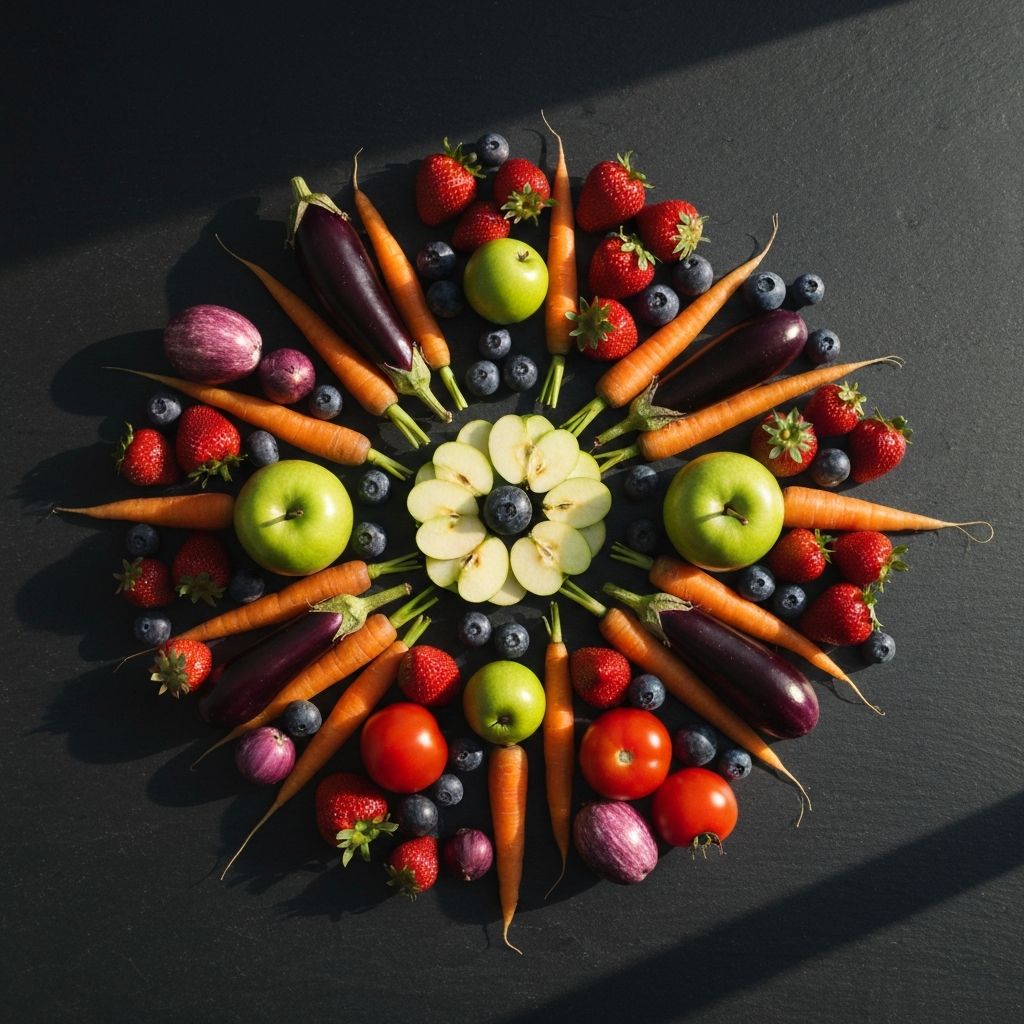 Diverse seasonal fruits and vegetables arranged in a circular pattern on dark slate